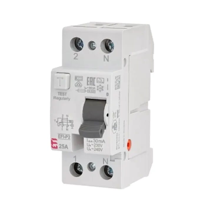 Διακόπτης υπολειπόμενου ρεύματος 2P 25A 30mA AC τύπου EFI6-P2 AC 25/0.03 002061251 ETI GPV-401-104