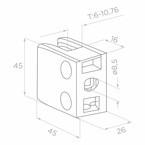Βάση γυαλιού 45x45x26 mm, γυαλί 6-10,76 mm, AISI 304, επίπεδο σύστημα, σατέν 000-260 (2)