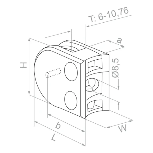 Σύνδεσμος γυαλιού 50x40x26 mm με πείρο, γυαλί 6-10,76 mm, AISI 304, σύστημα 42,4, γυαλιστερό 000-264 (3)