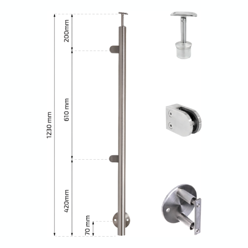 Στύλος τερματικός αριστερός φ 42,4x1230mm AISI304 πλευρική στήριξη σατινέ 000-525 (2)